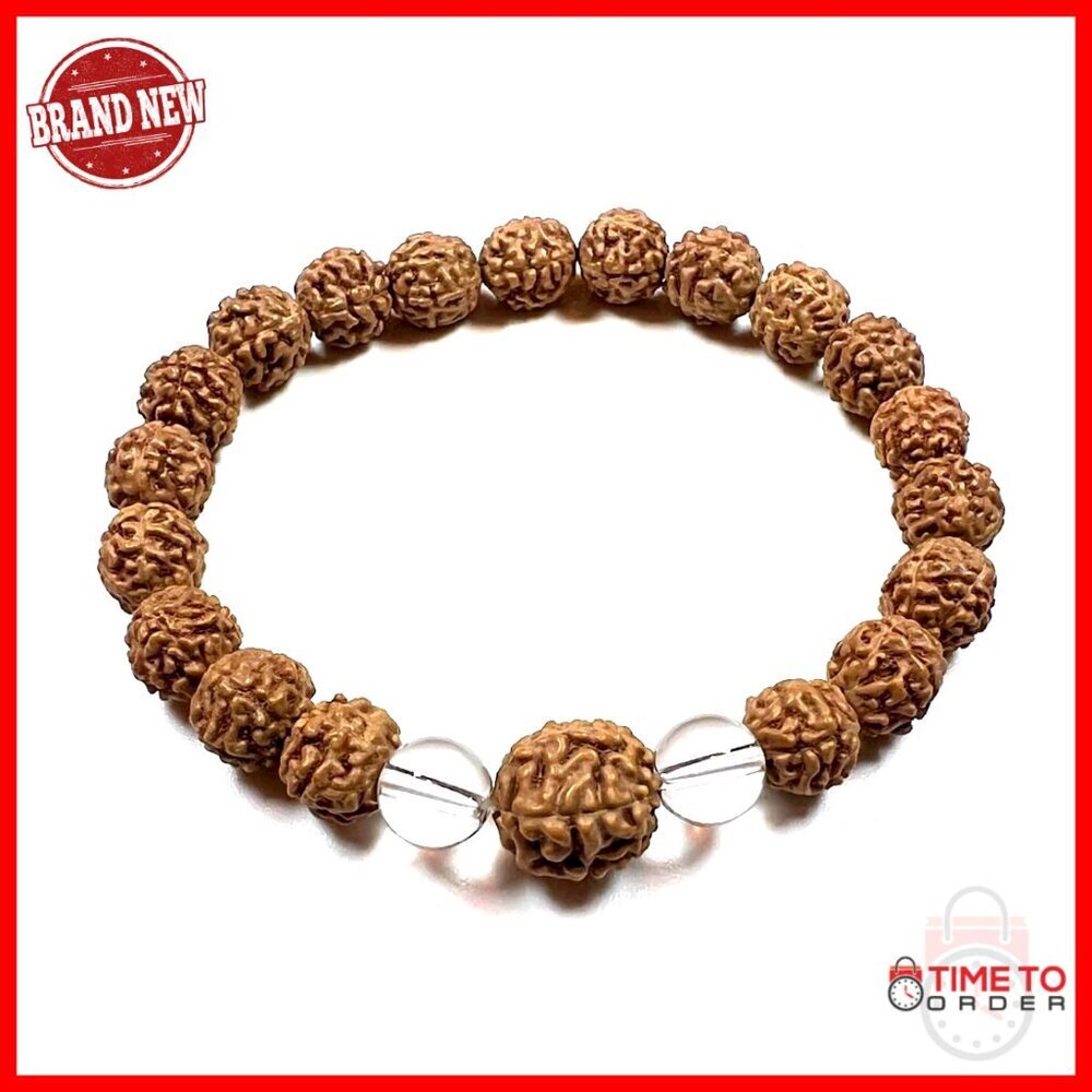 Stretch Bracelet with Rudraksha & Crystal Quartz Beads - Spiritual Jewelry